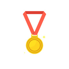 Medal icon. Sport and champion element. First place medal with red ribbon. Flat cartoon style. Vector illustration.