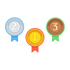 Gold, silver, bronze medal for first place. Trophy, award for winner isolated on white background. Achievement, victory concept. Flat cartoon style. Vector illustration.