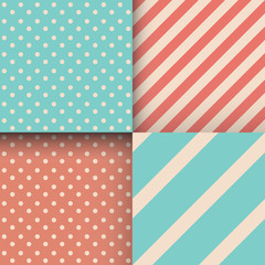 Set of seamless abstract patterns. Stripes and polka dot. Trendy colours. Mint, coral. Vector illustration