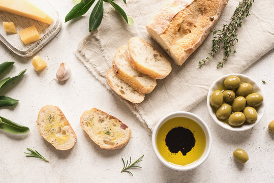 Italian ciabatta bread and olives