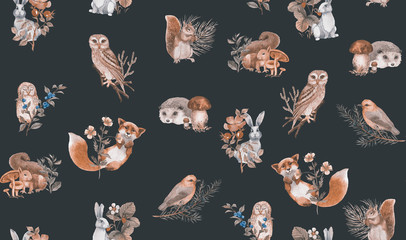 Hand drawn seamless pattern with watercolor forest animals and plants. Pattern for kids wallpaper, wood inhabitants, cute animals