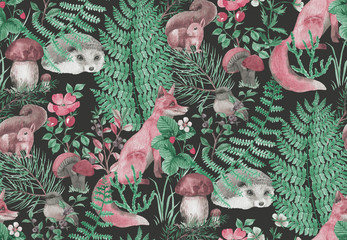 Hand drawn seamless pattern with watercolor forest animals and plants. Pattern for kids wallpaper, wood inhabitants, cute animals
