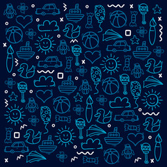 Hand draw Kids doodle background. Objects from a child's life.
