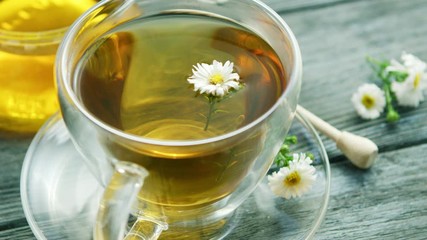 Closeup of cup with camomile tea