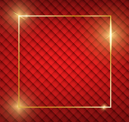 Gold shiny glowing frame with shadows on red vintage texture. Golden luxury realistic square border. Christmas and New Year empty card. For sale, invitation, flyer, cover, poster design. Vector