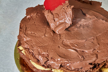 Cooking homemade cake. The pastry chef spreads a layer of chocolate cream on a biscuit using a red pastry shovel. Close-up