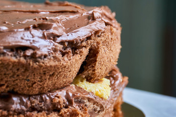 Cooking homemade cake. Two sponge cake with a layer of chocolate cream and a layer of orange cream. Close-up