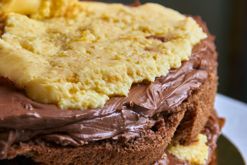 Cooking homemade cake. Two sponge cake with a layer of chocolate cream and a layer of orange cream on a light background. Close-up