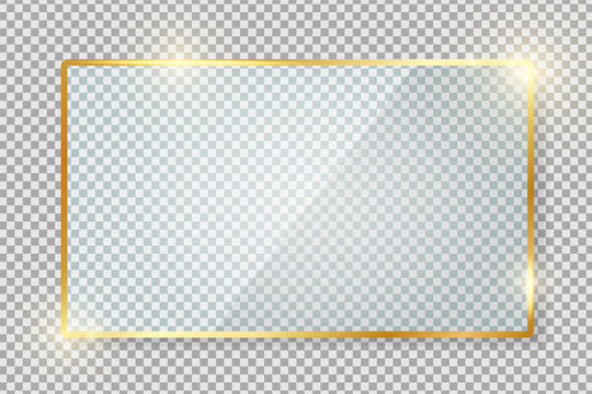 Transparent Gold Glass Banner With Reflection Isolated On Transparent Background. Blank Gloss Glass Plate. Realistic Rectangle Glass Frame. Square 3d Shiny Display Mockup. Window Design. Vector