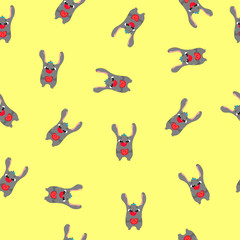 pattern rabbit hare puppy head face holding pink heart. Cute cartoon kawaii funny baby animal character. Flat design. yellow background. Vector illustration. hand drawn