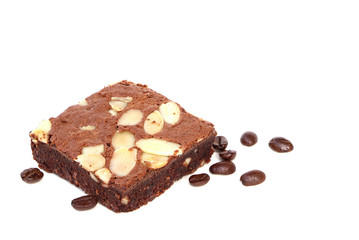 Delicious homemade almond brownie with coffee grain isolate on white background..