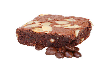 Delicious homemade almond brownie with coffee grain isolated on white background with clipping path..