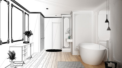 Naklejka na ściany i meble Architect interior designer concept: unfinished project that becomes real, minimalist bathroom in classic room, wall moldings, parquet floor, bathtub and sink, modern interior design