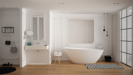 Modern white bathroom in classic room with wall moldings, parquet floor, bathtub with carpet and accessories, minimalist sink and decors, pendant lamps. Interior design concept