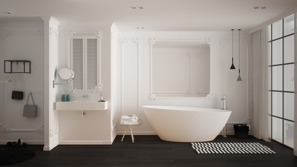 Fototapeta na wymiar Modern white and gray bathroom in classic room, wall moldings, parquet floor, bathtub with carpet and accessories, minimalist sink and decors, pendant lamps. Interior design concept