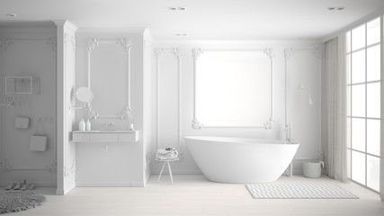 Obraz na płótnie Canvas Total white project of minimalist bathroom in classic room, wall moldings, parquet floor, bathtub with carpet and accessories, sink and decors, modern architecture concept idea