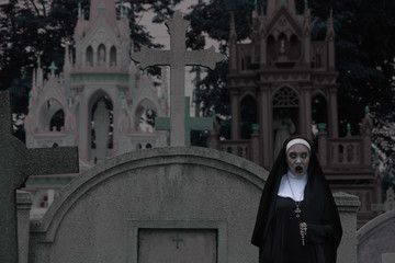 Fototapeta na wymiar Rendering of a ghost nun or demon in the dark mysterious at the Churchyard.