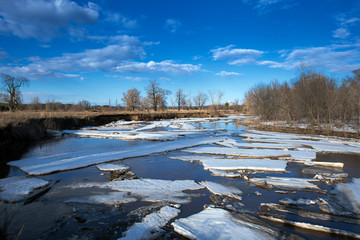 Spring landscape river, forest and clouds on a blue sky