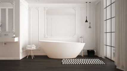 Naklejka na ściany i meble Modern white and gray bathroom in classic room, wall moldings, parquet floor, bathtub with carpet and accessories, minimalist sink and decors, pendant lamps. Interior design concept