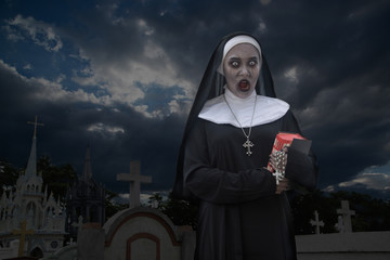 Rendering of a ghost nun or demon in the dark mysterious at the Churchyard.