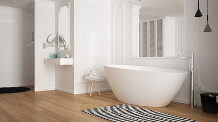 Fototapeta na wymiar Modern white bathroom in classic room with wall moldings, parquet floor, bathtub with carpet and accessories, minimalist sink and decors, pendant lamps. Interior design concept