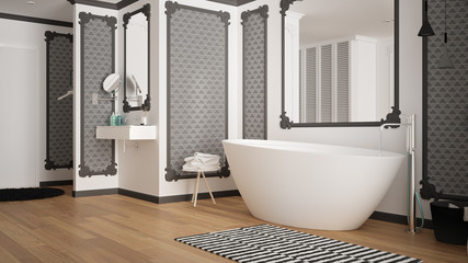 Naklejka na ściany i meble Modern white and gray bathroom in classic room, wall moldings, parquet floor, bathtub with carpet and accessories, minimalist sink and decors, pendant lamps. Interior design concept