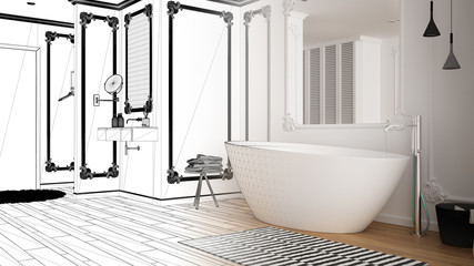 Naklejka na ściany i meble Architect interior designer concept: unfinished project that becomes real, minimalist bathroom in classic room, wall moldings, parquet floor, bathtub and sink, modern interior design