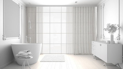 Fototapeta na wymiar Total white project of minimalist bathroom in classic room, wall moldings, parquet floor, bathtub with carpet and accessories, sink and decors, modern architecture concept idea