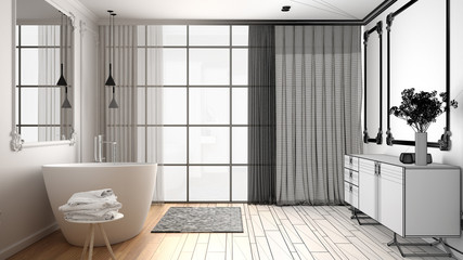 Architect interior designer concept: unfinished project that becomes real, minimalist bathroom in classic room, wall moldings, parquet floor, bathtub and sink, modern interior design