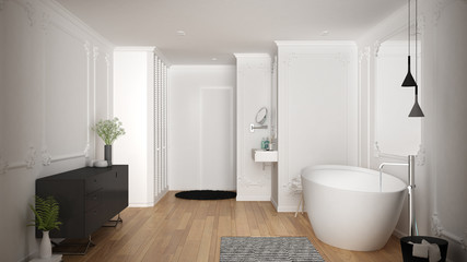 Modern white bathroom in classic room with wall moldings, parquet floor, bathtub with carpet and accessories, minimalist sink and decors, pendant lamps. Interior design concept