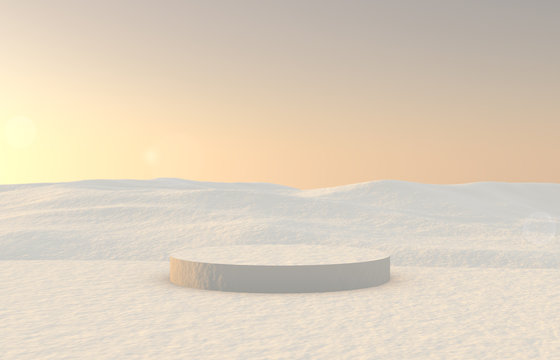 Cylinder box with snow background. Winter scene. 3d render.