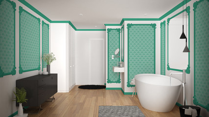 Modern white and turquoise bathroom in classic room, wall moldings, parquet, bathtub with carpet and accessories, minimalist sink and decors, pendant lamps. Interior design concept