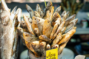  RIGA, LATVIA - JUNE 27, 2019: Fish in the central market. The market was made from a former hangar...