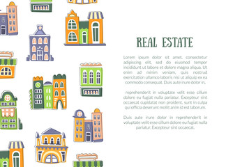 Fototapeta premium Real Estate Banner Template with Cute Houses and Space for Text Vector Illustration