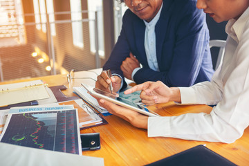 Team brainstorming process. Young business crew working with new startup project. Idea presentation, analyze marketing plans.