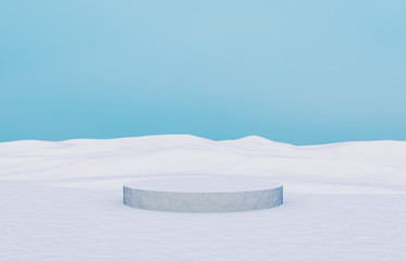 Fototapeta na wymiar Cylinder box with snow background. Winter scene. 3d render.