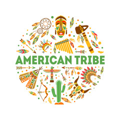 American Tribe Banner Template, Native Ethnic Symbols of Round Shape Vector Illustration