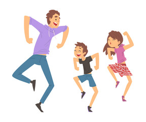 Obraz na płótnie Canvas Dad, Daughter and Son Jumping or Dancing, Father and Kids Having Good Time Together, Best Dad, Happy Family Cartoon Vector Illustration
