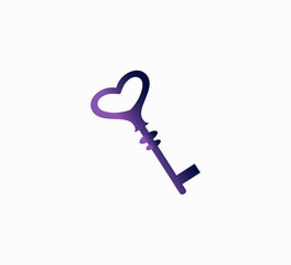 Key icon. Vector illustration, flat design - stylish gradient purple print. Security, unlock, key for door lock. Vintage key close-up