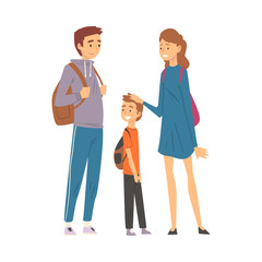 Happy Family Travelling Together, Mother, Father and Son Trekking to Nature, Hiking, Adventures, Active Recreation Vector Illustration