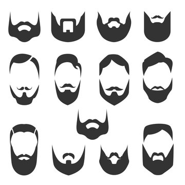 Set of bearded men faces, hipsters with different haircuts, mustaches, beards. Silhouettes, emblems, icons, labels. Vector illustration.