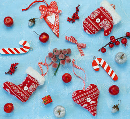 Collection of Christmas objects on blue. - 290691709