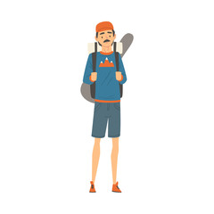 Male Tourist with Backpack, Man Going on Summer Vacation, Hiking, Adventures, Active Recreation Vector Illustration