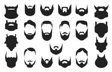 Set of bearded men faces, hipsters with different haircuts, mustaches, beards. Silhouettes, emblems, icons, labels. Vector illustration.