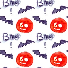 Halloween seamless pattern with halloween pumpkin and bat. Cute naive watercolor