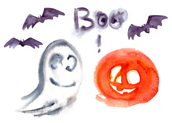 Watercolor Halloween set. Hand painting halloween symbols isolated on white background.