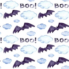 Halloween seamless pattern with halloween bat. Cute naive watercolor