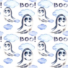 Halloween seamless pattern with halloween ghost. Cute naive watercolor