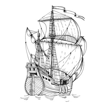 Old caravel, vintage sailboat. Hand drawn sketch vector. Detail of the old geographical or fanasy maps of sea.