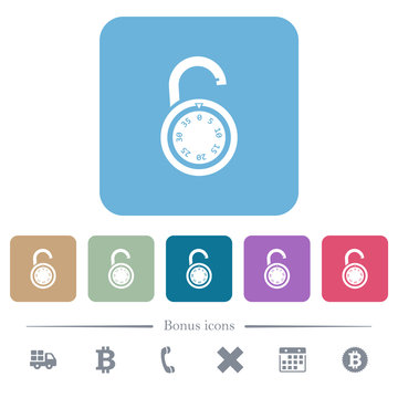 Unlocked round combination lock flat icons on color rounded square backgrounds